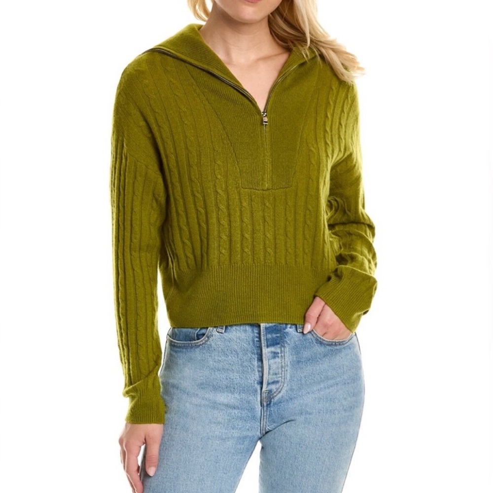 525 America Cashmere 1/4 Zip Pull-Over Cable Knit Cropped Sweater Moss Size S
